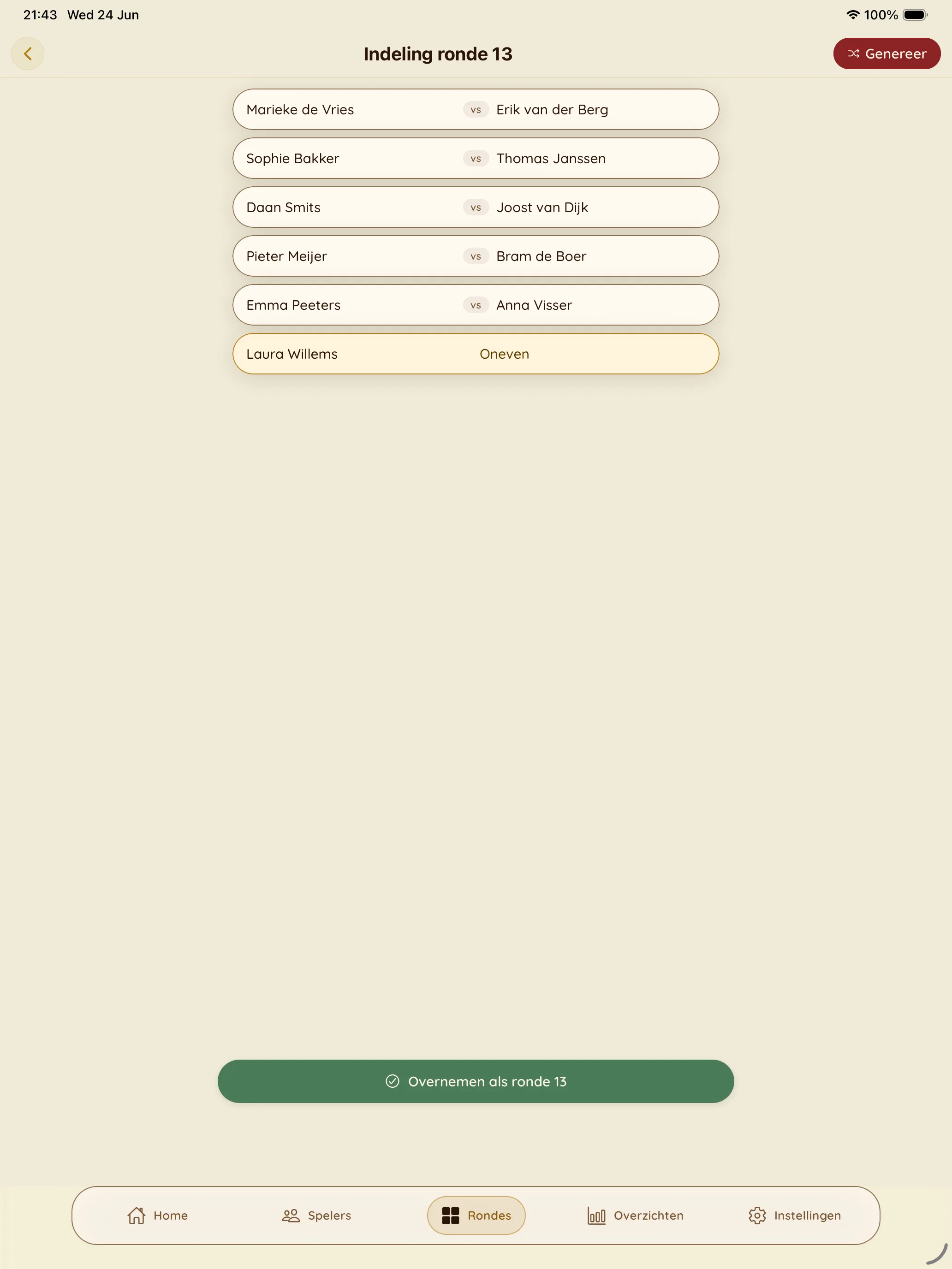Competitieleider-app — Indeling