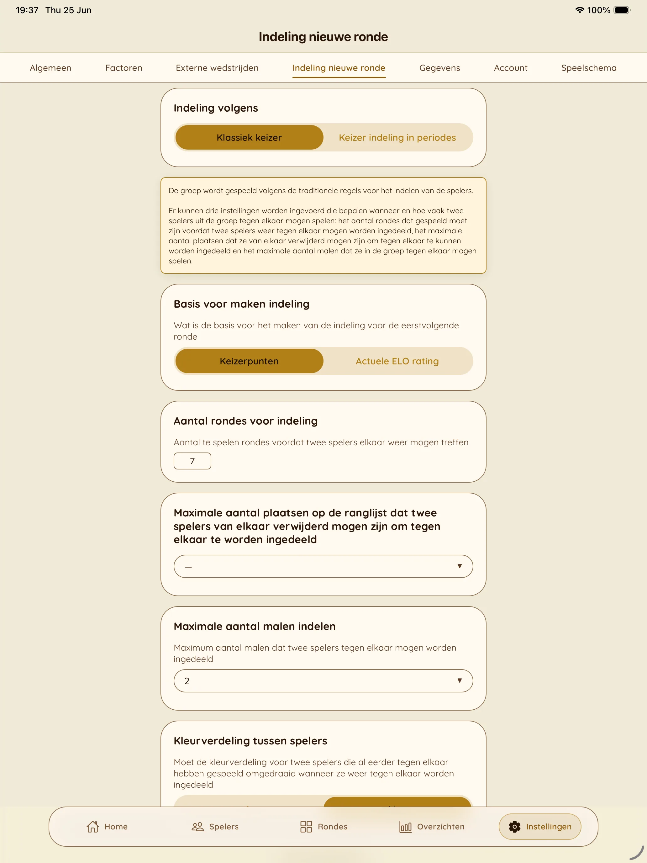 Competitieleider-app — Instellingen
