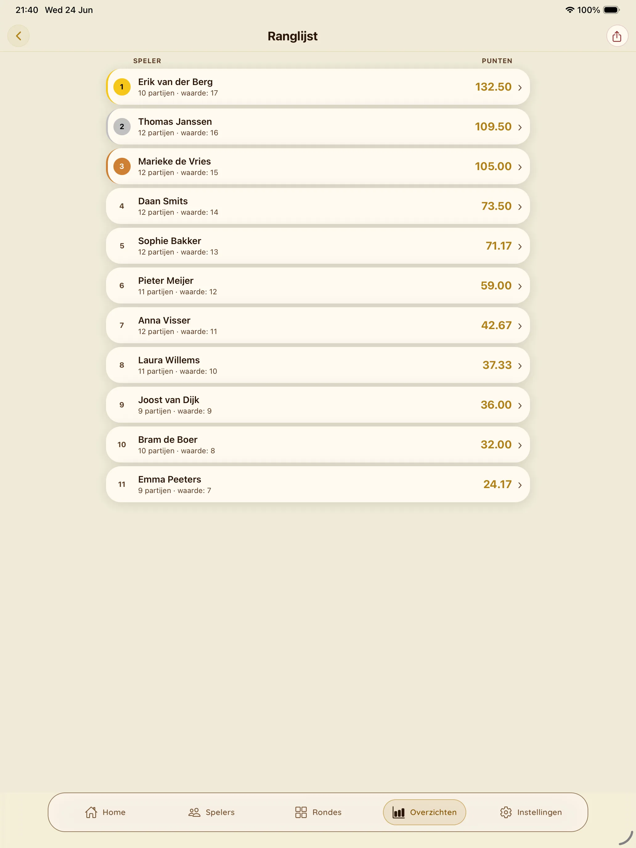 Competitieleider-app — Stand