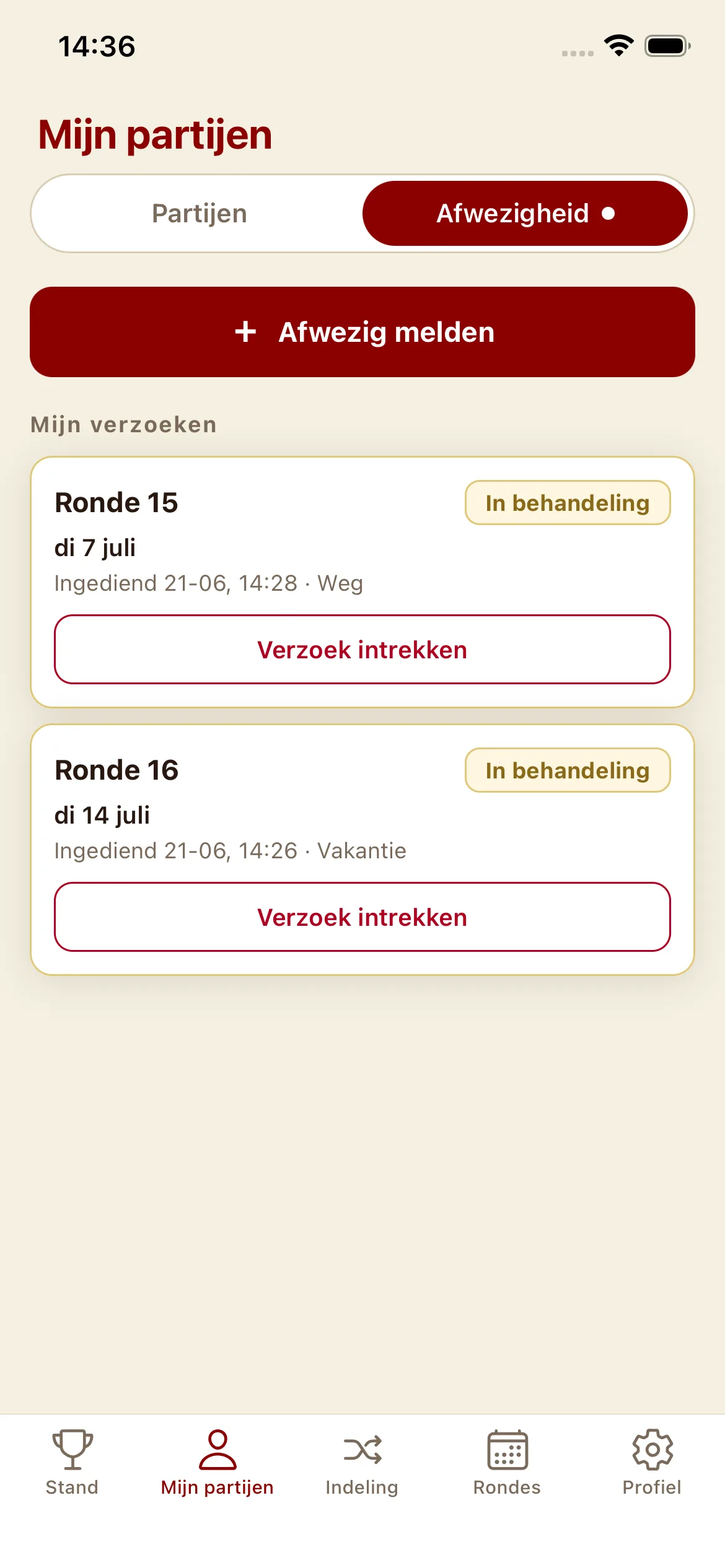 Speler-app — Afmelding