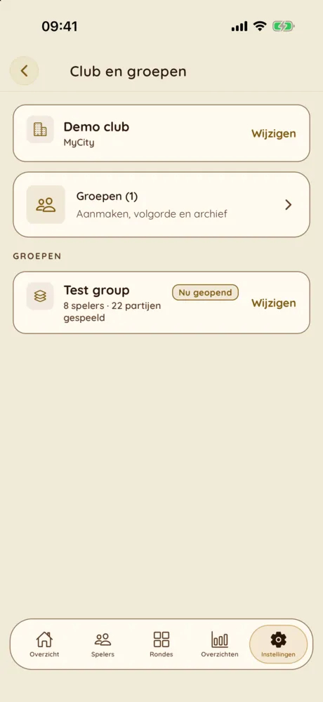 Instellingen — Club en groepen