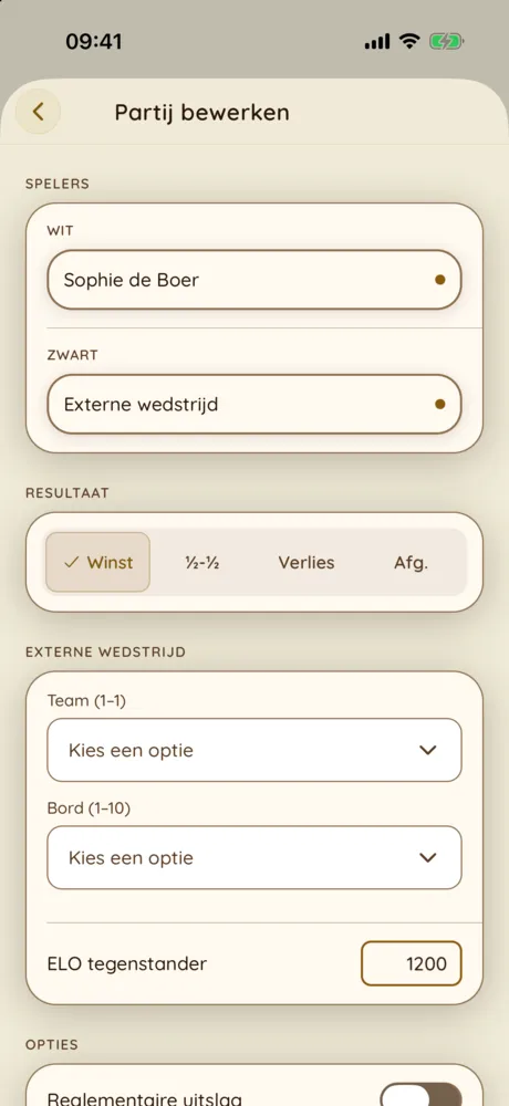 Partij met zwart-type Externe wedstrijd — team, bord en ELO