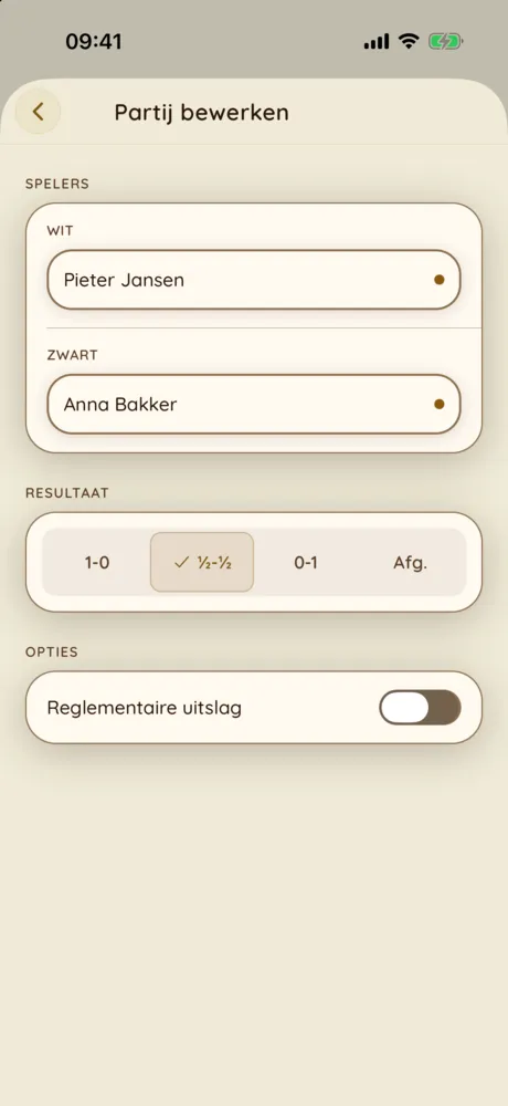 Partijscherm met resultaat en kleur gespeeld