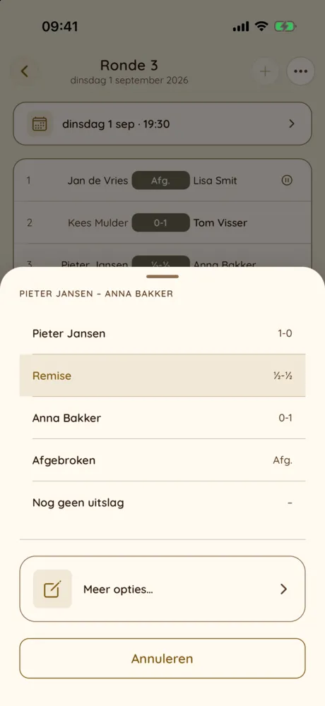 Het venster Uitslag invoeren, geopend op een partij