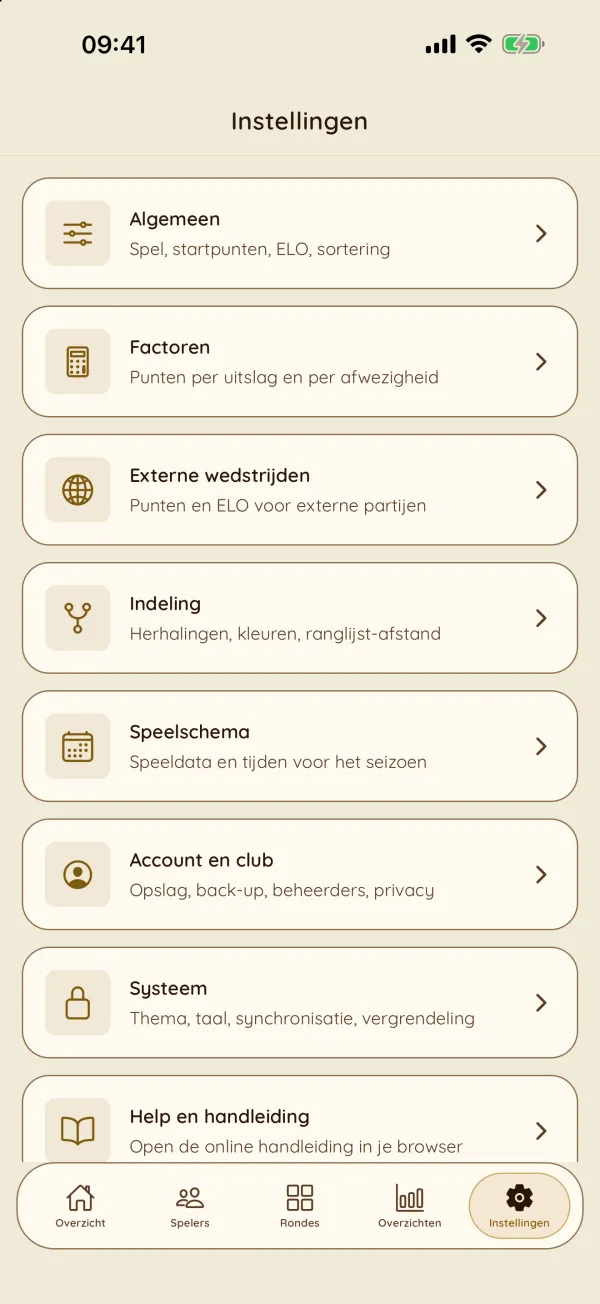 Instellingen van de competitie